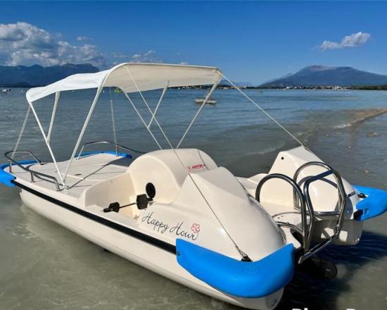 Pedalò a forma di cigno in mare, con sfondo di isola e barca a vela.