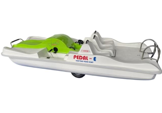 Pedalò elettrico bianco e verde con due posti e manubrio.